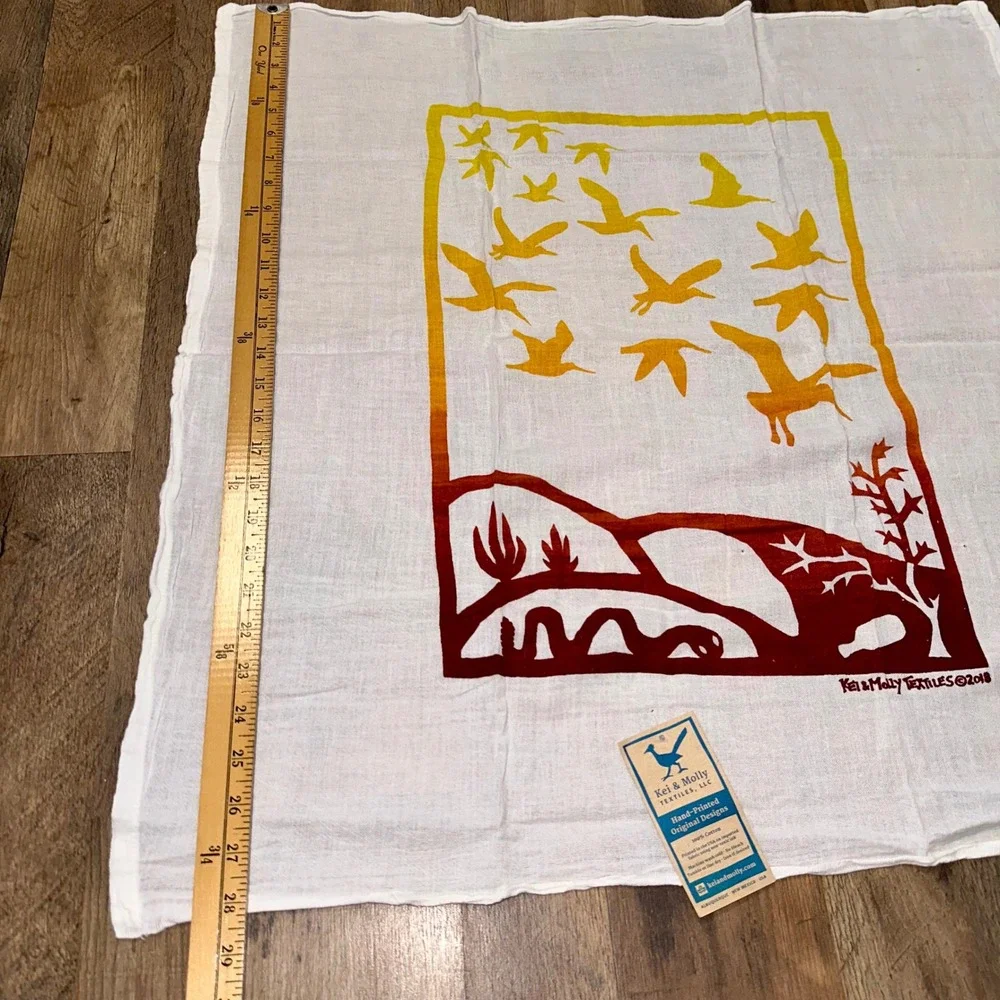 Kei & Molly Textiles Flour Sack Dish Towel Hand Painted Desert Birds Cotton NWT